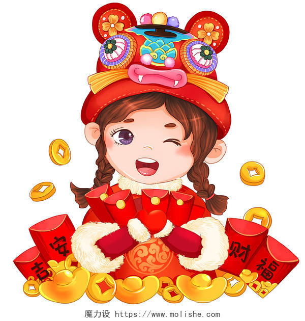 春节过年收红包压岁钱戴虎头帽可爱女孩福娃元素2022年虎年2022年虎年新年春节元素